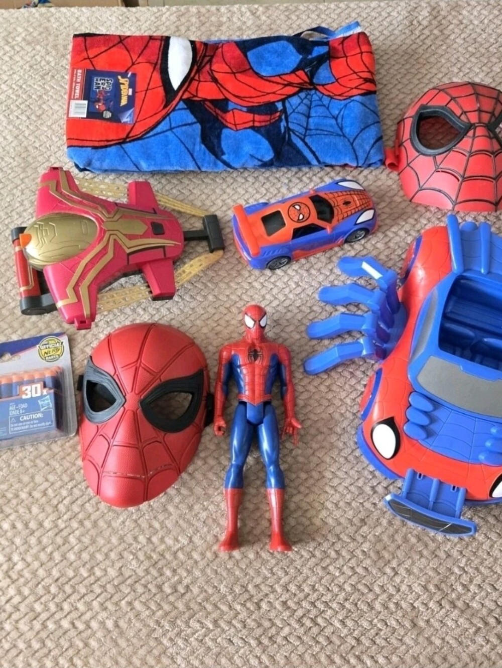 Marvel Spider-Man Mixed Toy Lot Masks Figure Vehicles Towel & Accessories